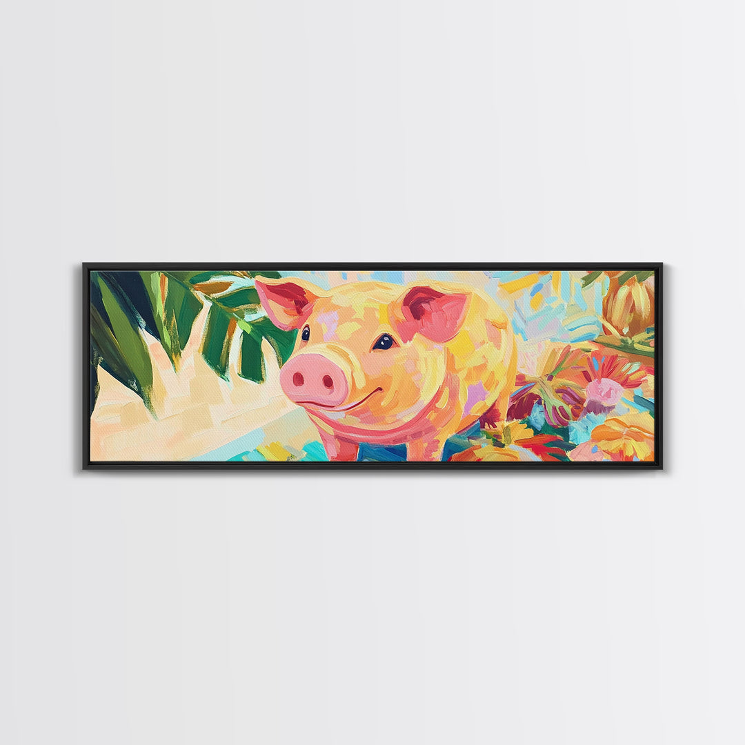 Smiling Pink Pig With Tropical Flowers Canvas Print, Whimsical Animal Wall Art, Farm Animal Nursery Decor, Cute Home Decor