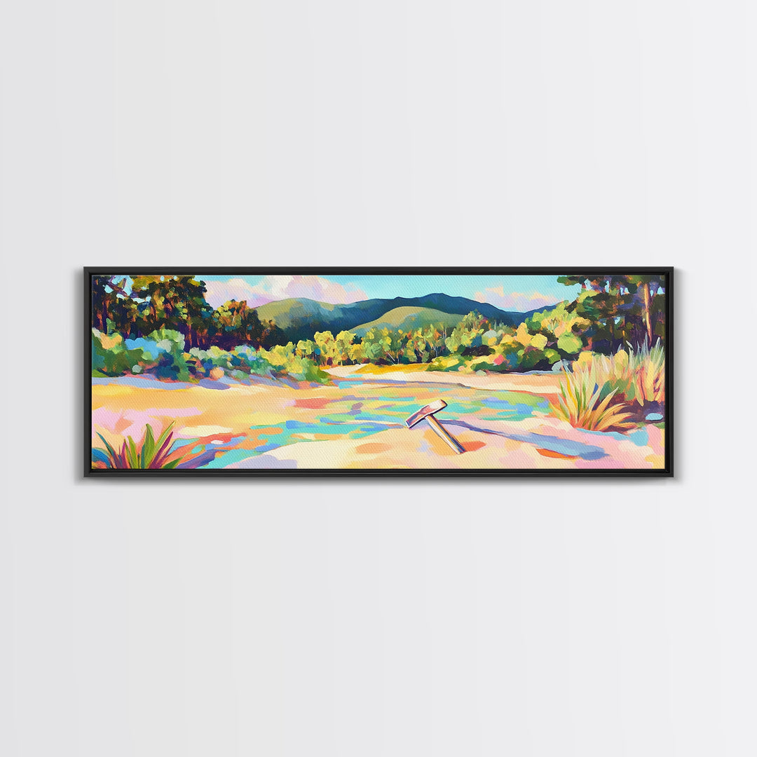 Colorful Sandy River Beach Framed Canvas Print, Coastal Wall Art, Mountain Landscape Art, Summer Decor, Housewarming Gift