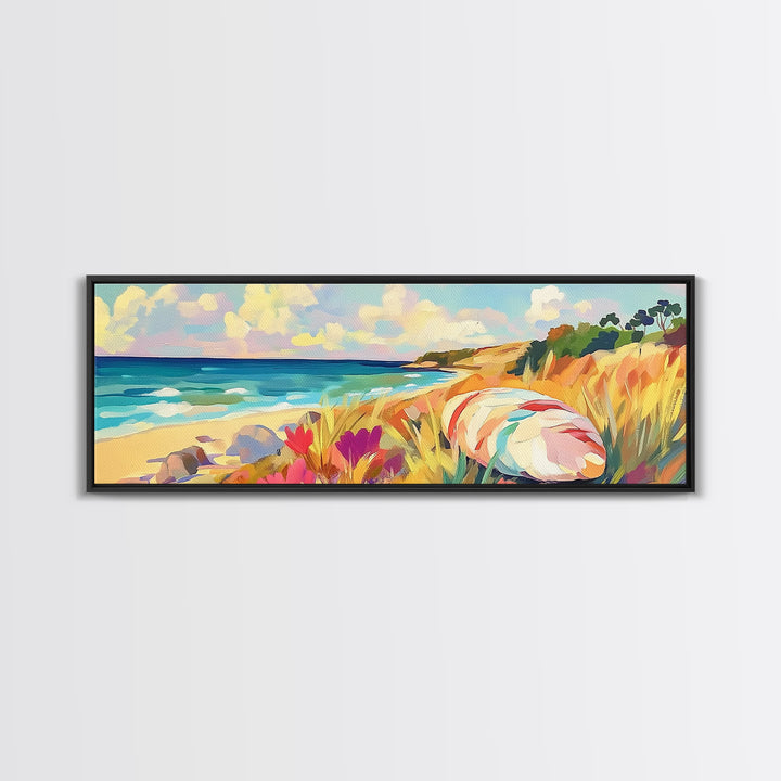 Sunny Coastal Beach With Seashell And Wildflowers Wall Art, Ocean Landscape Canvas Print, Beach House Decor, Summer Vibes