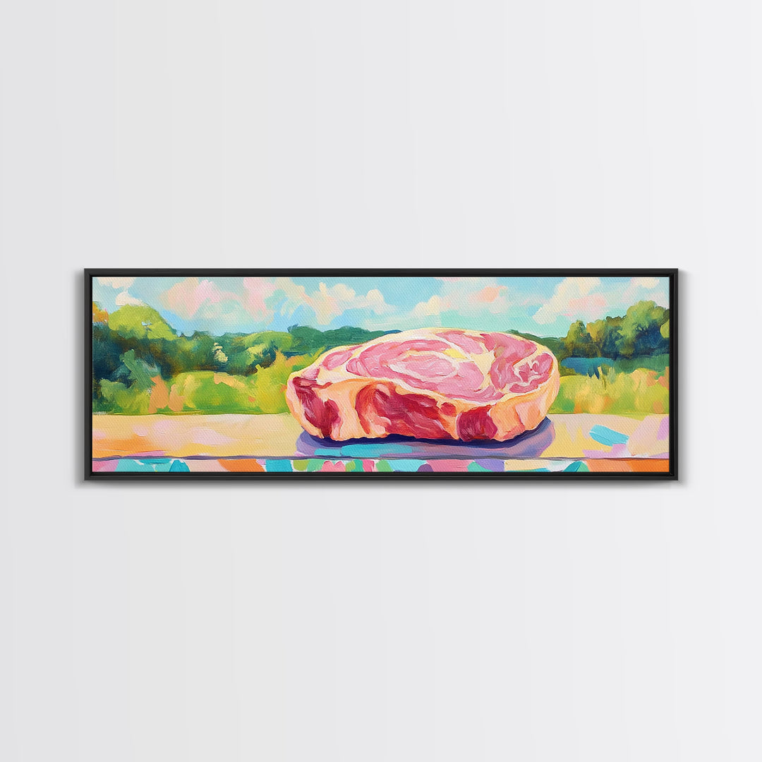 Pastel Steak Still Life In Green Meadow Wall Art, Quirky Kitchen Canvas Print, Colorful Food Decor, Dining Room Art Gift