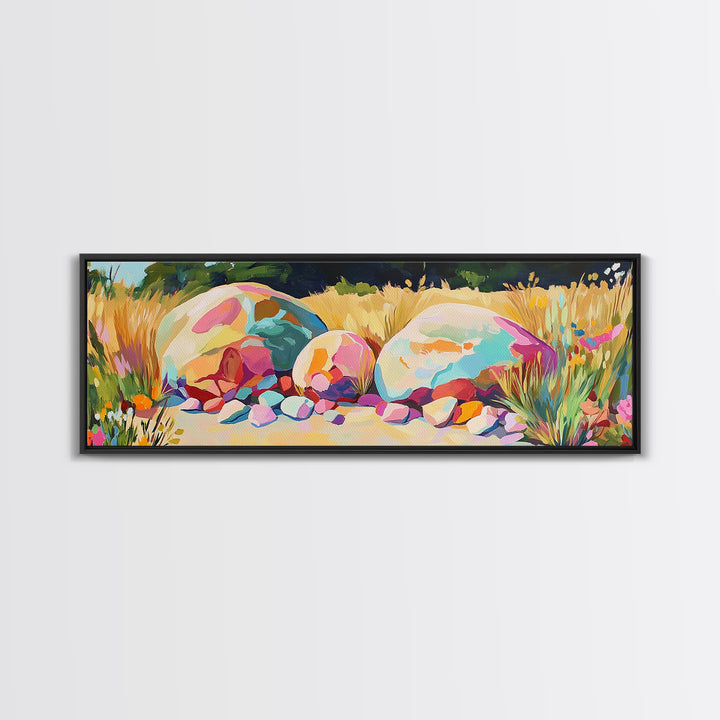 Sunlit Painted Boulders In Golden Meadow Wall Art, Modern Landscape, Nature Wall Decor, Rustic Home Decor, Canvas Print, Housewarming Gift