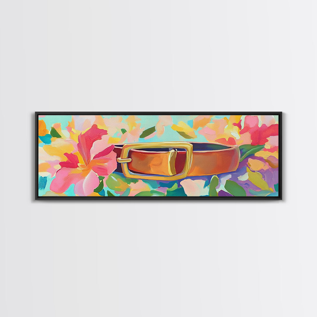 Leather Belt With Gold Buckle And Pink Flowers Wall Art, Feminine Wall Decor, Western Decor, Floral Canvas Print, Gift For Her