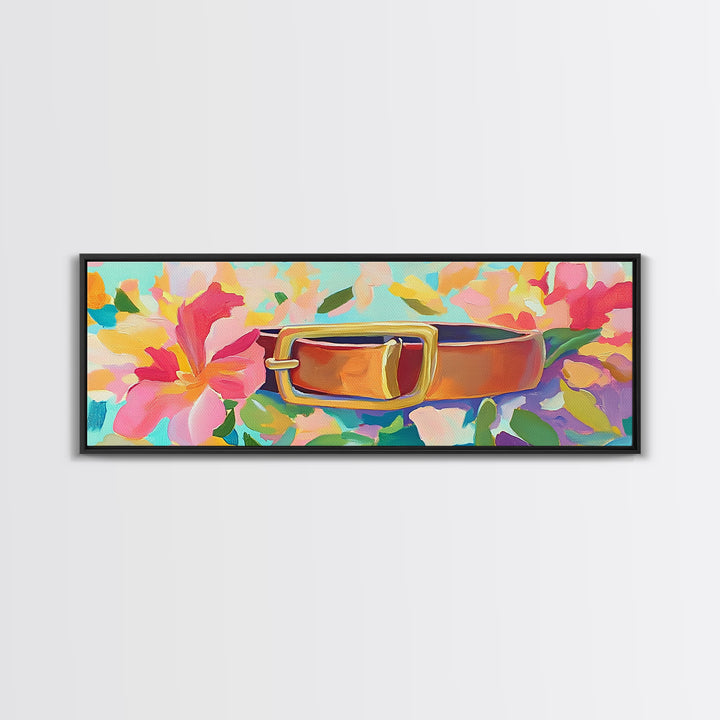 Leather Belt With Gold Buckle And Pink Flowers Wall Art, Feminine Wall Decor, Western Decor, Floral Canvas Print, Gift For Her