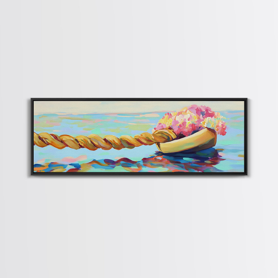 Wooden Boat With Pink Flowers And Rope On Water Canvas Print, Coastal Wall Art, Nautical Decor, Beach House Decor, Gift For Her