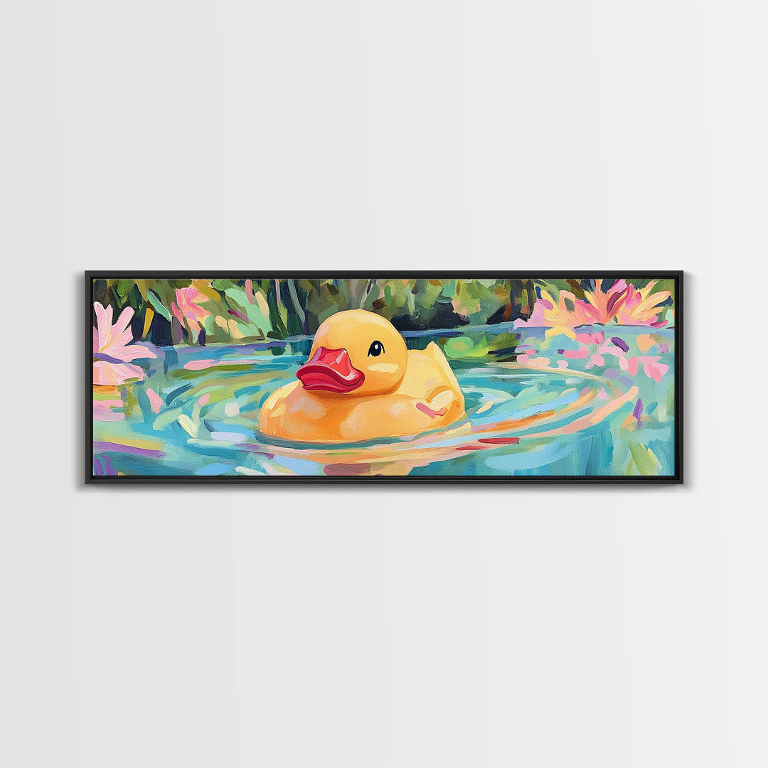 Cheerful Rubber Duck Floating In Lily Pond Wall Art, Kids Bathroom Decor, Whimsical Animal Art, Canvas Print Gift For Kids