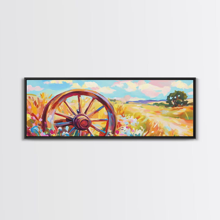 Rustic Wagon Wheel In Wildflower Field Framed Canvas Print, Farmhouse Wall Art, Country Landscape Decor, Gift For Him Home Decor