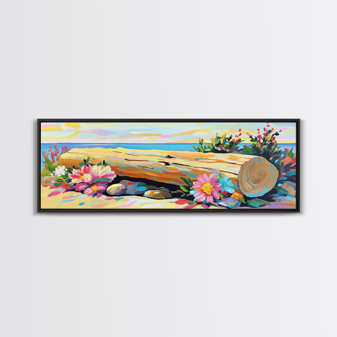 Beach Hat And Flowers On Sandy Shore Canvas Print, Coastal Wall Art, Beach House Decor, Summer Seascape, Nautical Gift Art