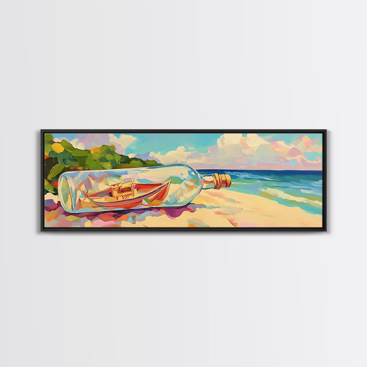 Boat In A Bottle On Sunny Beach Wall Art, Coastal Canvas Print, Ocean Wall Decor, Nautical Decor, Beach House Decor, Seascape Art