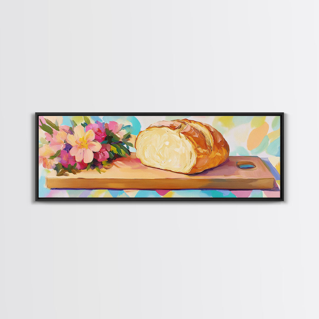 Crusty Bread Loaf And Flowers Canvas Print, Cozy Kitchen Wall Art, Bakery Decor, Food Still Life Art Print, Housewarming Gift