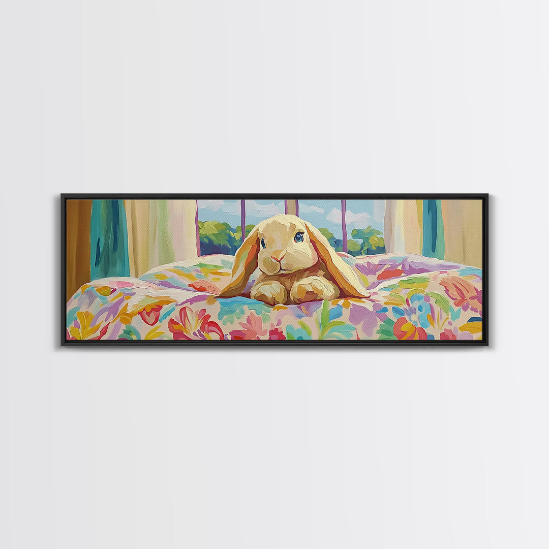 Sweet Bunny On Floral Bed Framed Canvas Print, Nursery Wall Art, Whimsical Kids Room Decor, Cute Animal Baby Shower Gift For Her