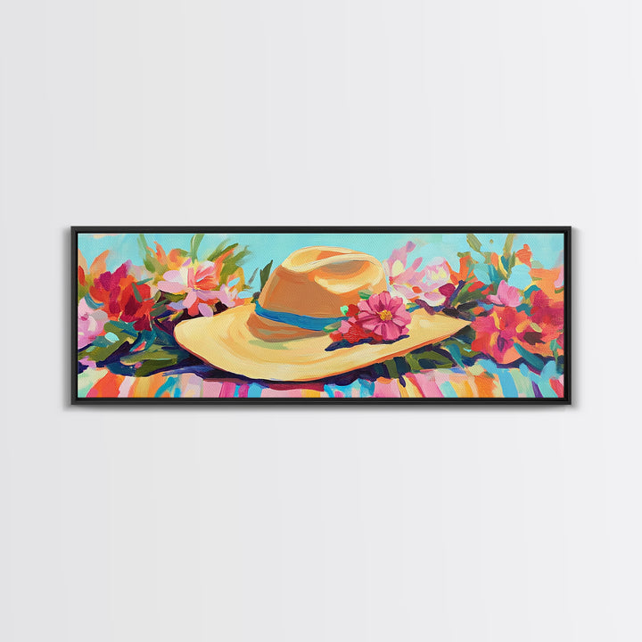 Straw Sun Hat With Tropical Flowers Canvas Print, Beach Wall Art, Coastal Cowgirl Decor, Summer Fashion Gift For Her Home Decor