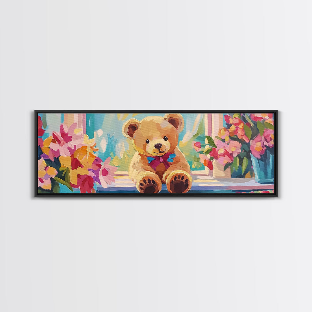 Sweet Teddy Bear By Flower Window Framed Canvas Print, Nursery Wall Art, Kids Room Decor, Whimsical Baby Girl Nursery Gift