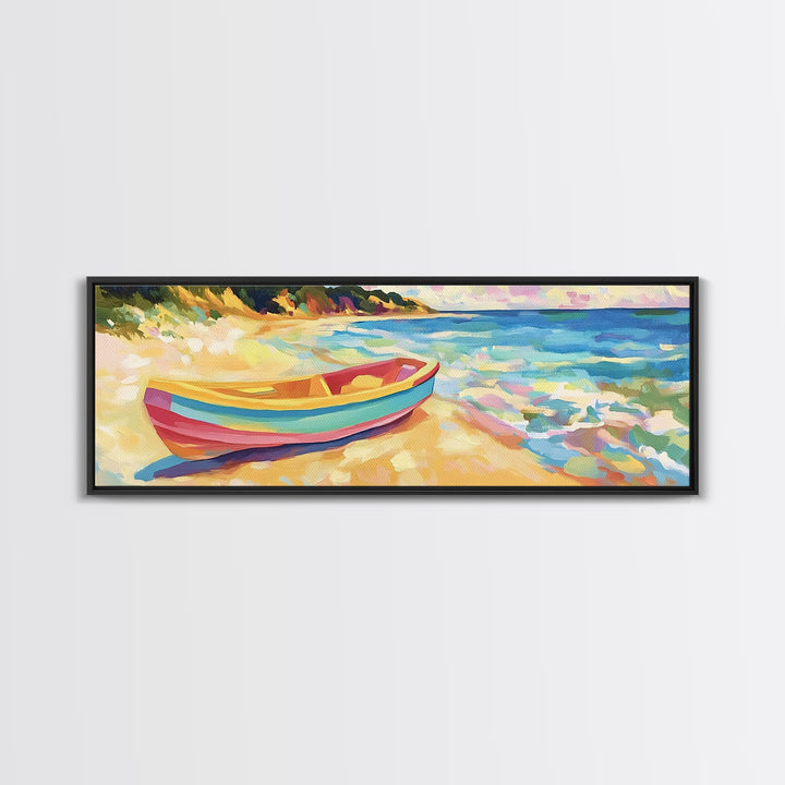 Striped Rowboat Beside Turquoise Waves Wall Art, Coastal Canvas Print, Seascape Painting, Beach House Decor, Ocean Wall Art