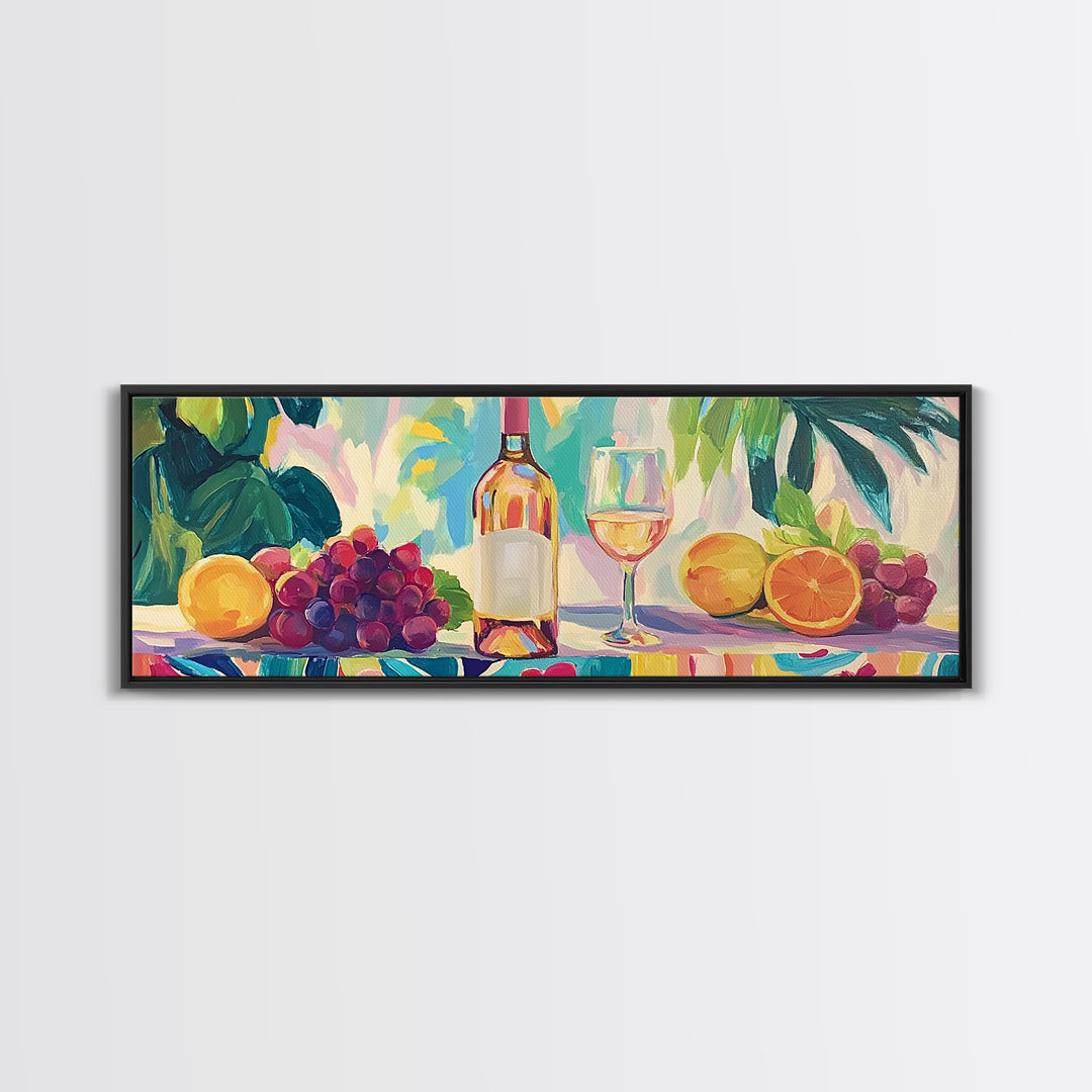 Wine Bottle With Citrus And Grapes Canvas Print, Colorful Kitchen Wall Art, Coastal Dining Room Decor, Wine Lover Gift Idea