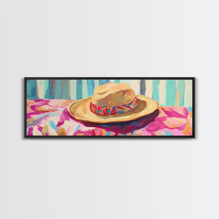 Straw Hat On Floral Beach Towel Canvas Print, Coastal Wall Art, Summer Patio Decor, Beach House Gift For Her, Tropical Home Decor