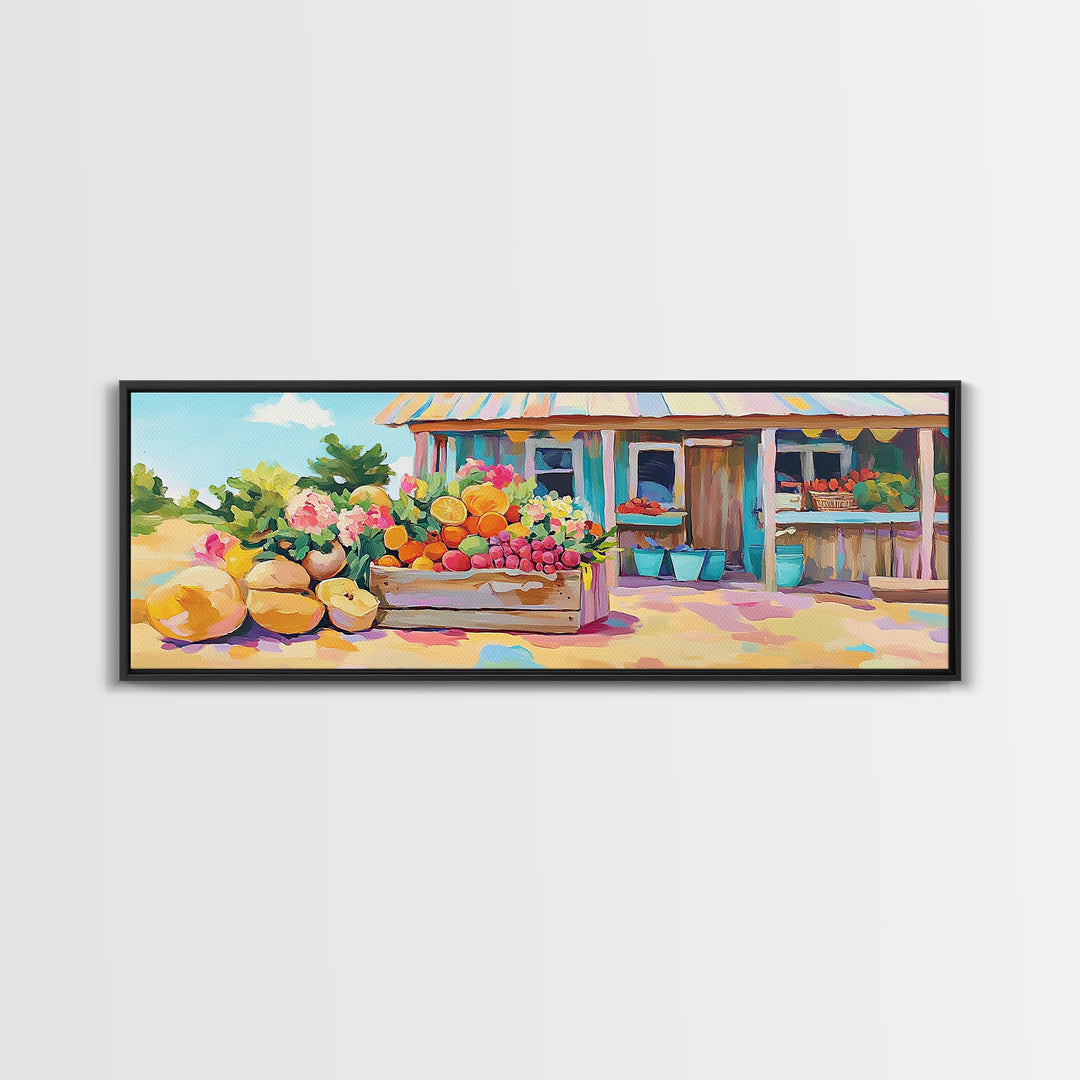 Fruit Stand With Flowers And Citrus Canvas Print, Farmhouse Kitchen Wall Art, Country Home Decor, Farmers Market Gift Idea