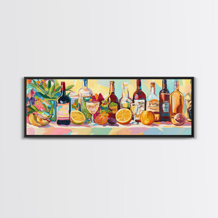 Colorful Wine Bottles And Citrus Still Life Canvas Print, Kitchen Wall Art, Dining Room Decor, Bar Cart Art, Wine Lover Gift