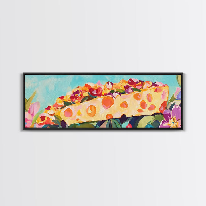 Whimsical Cheese Wedge Still Life Canvas Print, Kitchen Wall Art, Dining Room Decor, Foodie Gift, Colorful Kitchen Art Print