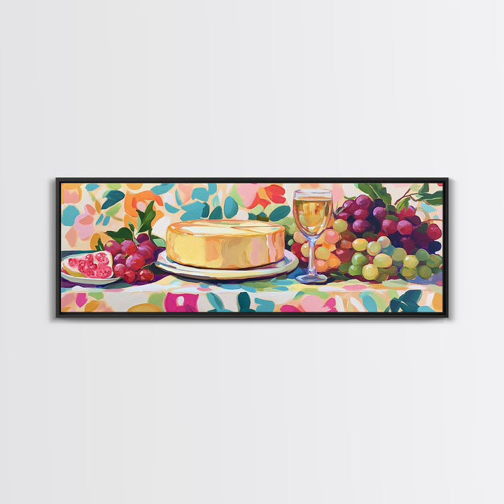 Cheese Wheel With Wine And Grapes Framed Canvas Print, Kitchen Wall Art, Dining Room Decor, Winery Decor, Housewarming Gift