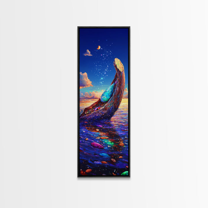 Moonlit Ocean Whale Canvas Print, Colorful Seascape Painting, Magical Coastal Wall Art, Beach House Decor, Fantasy Gift Idea