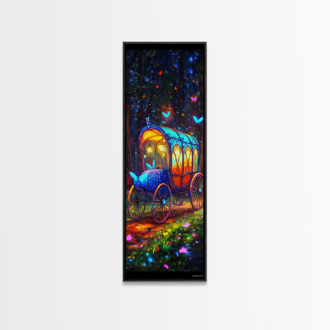 Glowing Fairy Tale Carriage In Forest Wall Art, Whimsical Fantasy Art Print, Nursery Decor, Magical Woodland Decor, Kids Room Art