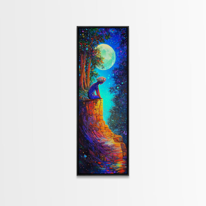 Moonlit Black Cat On Stone Wall Canvas Print, Whimsical Fantasy Wall Art, Celestial Decor, Cat Lover Gift, Nursery Art Print