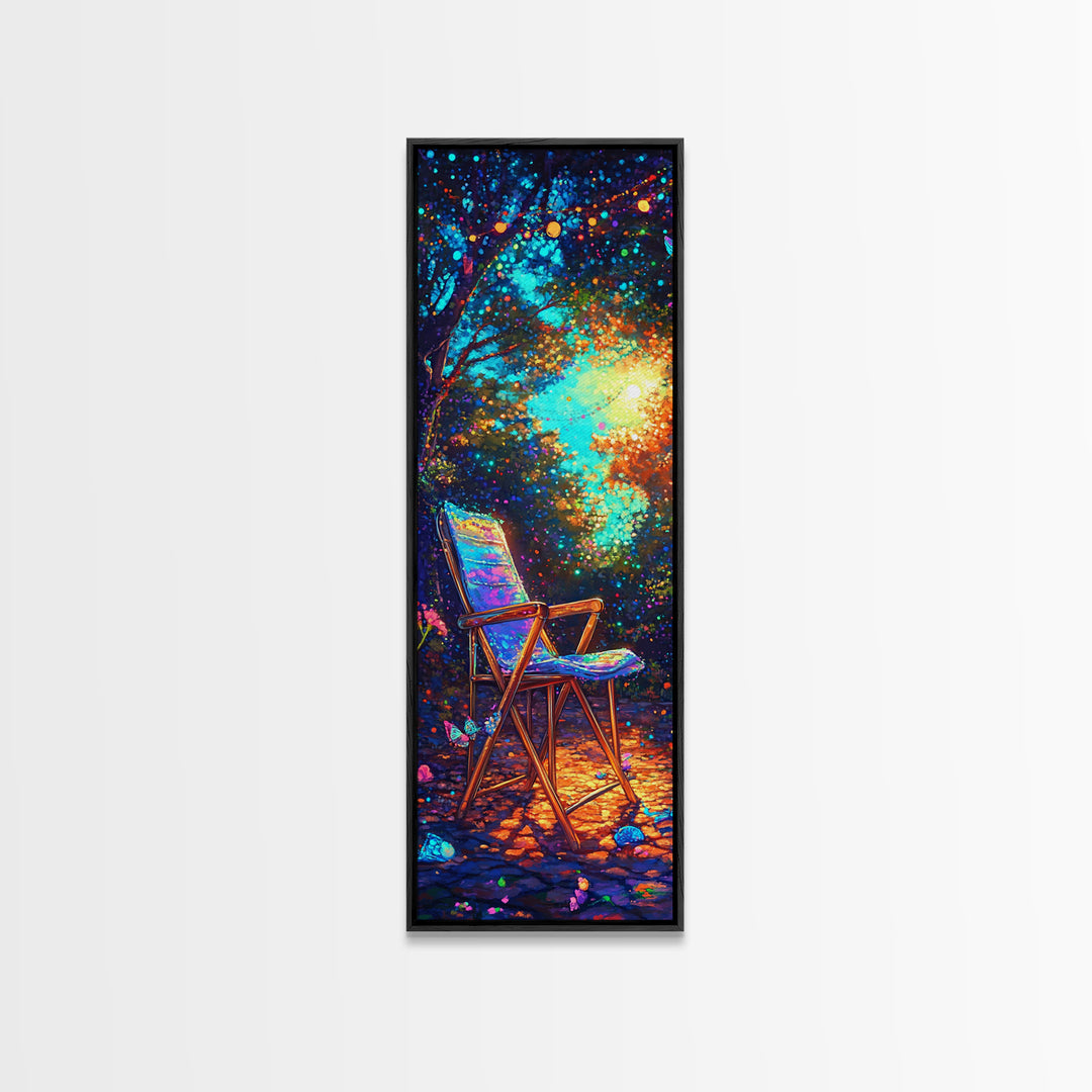 Empty Chair In Glowing Forest Wall Art, Magical Nature Canvas Print, Whimsical Garden Decor, Cozy Outdoor Patio Art Print