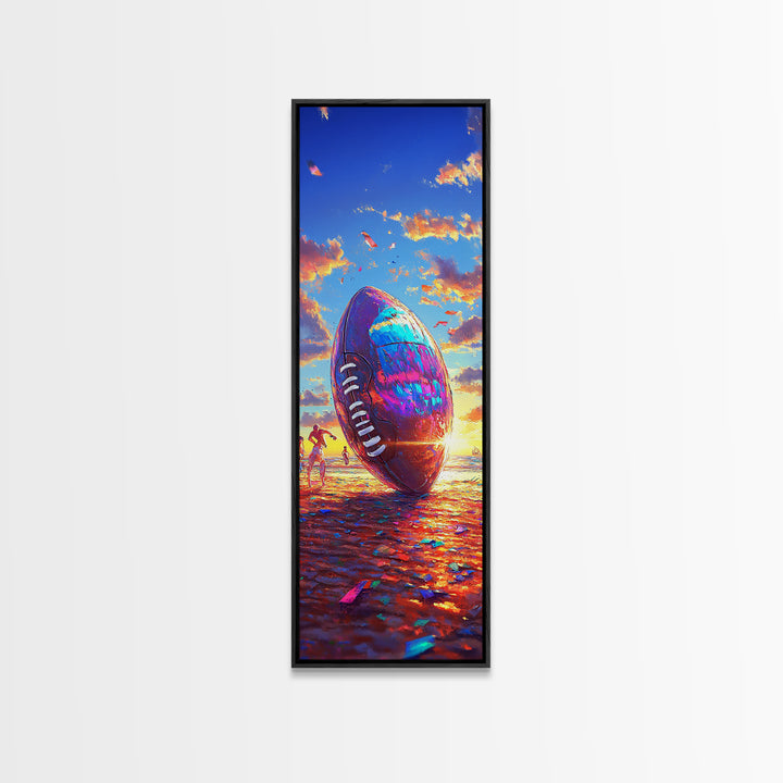 Giant Football At Sunset Beach Canvas Print, Sports Wall Art, Boys Room Decor, Game Room Art, Gift For Him, Sports Gift For Dad