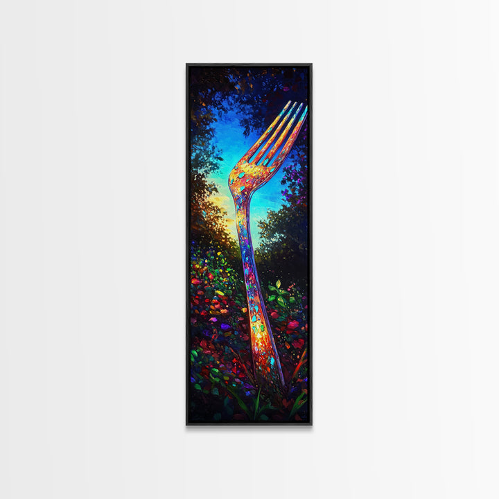 Giant Rainbow Fork In Garden Wall Art, Surreal Kitchen Canvas Print, Whimsical Food Decor, Funky Dining Room Art Print Gift