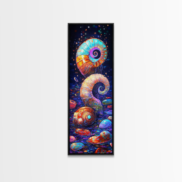 Rainbow Spiral Seashells And Pebbles Wall Art, Coastal Canvas Print, Nautical Bathroom Decor, Ocean Lover Gift For Her Beach