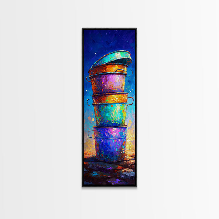 Stacked Rainbow Metal Buckets Framed Canvas Print, Rustic Farmhouse Wall Art, Colorful Laundry Room Decor, Unique Art Gift