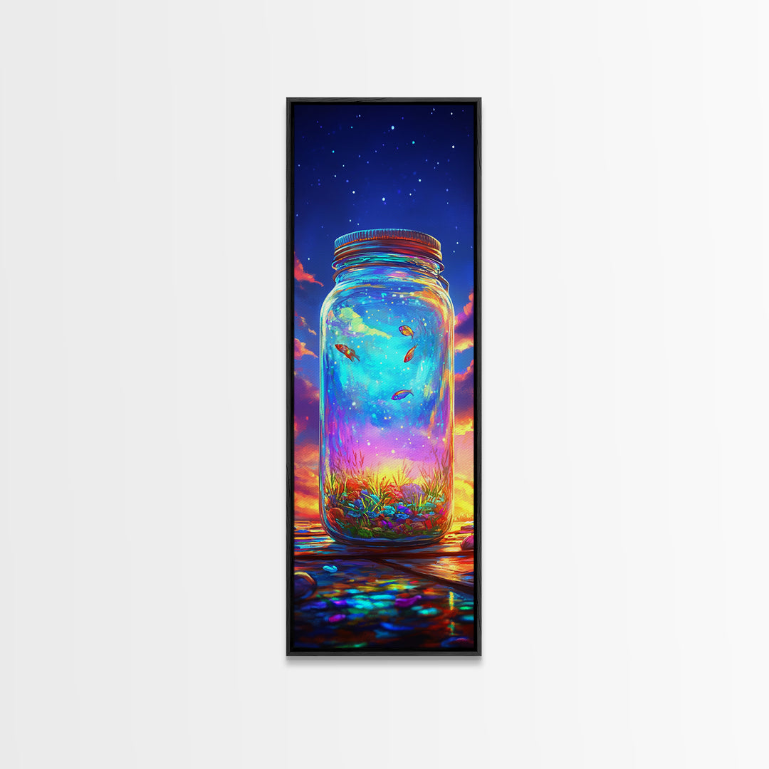 Glowing Mason Jar With Tiny Fish At Sunset Canvas Print, Magical Celestial Wall Art, Colorful Nature Decor, Unique Art Gift