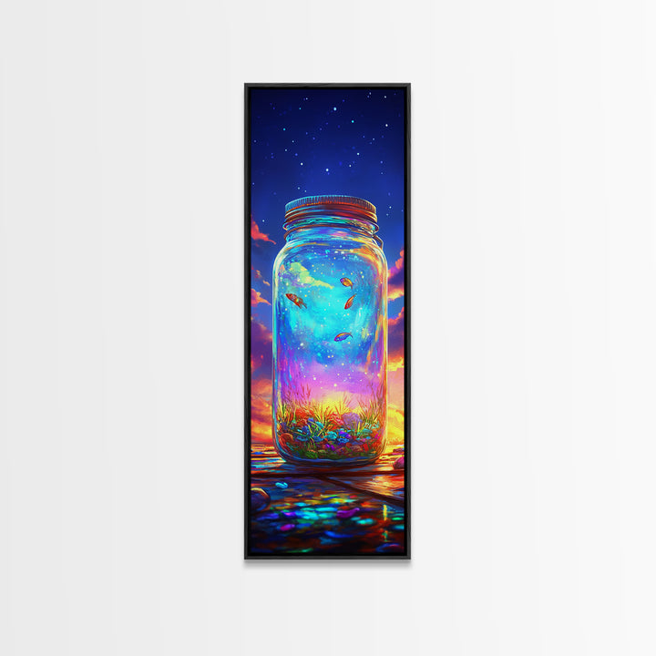 Glowing Mason Jar With Tiny Fish At Sunset Canvas Print, Magical Celestial Wall Art, Colorful Nature Decor, Unique Art Gift