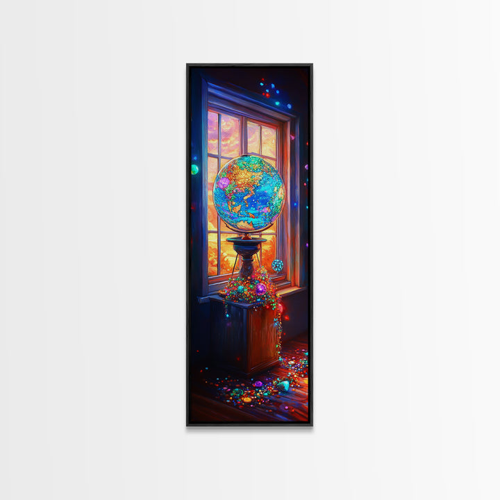 Glowing Jeweled Globe By Window Framed Canvas Print, Colorful Celestial Wall Art, Whimsical Office Decor, Unique Art Gift