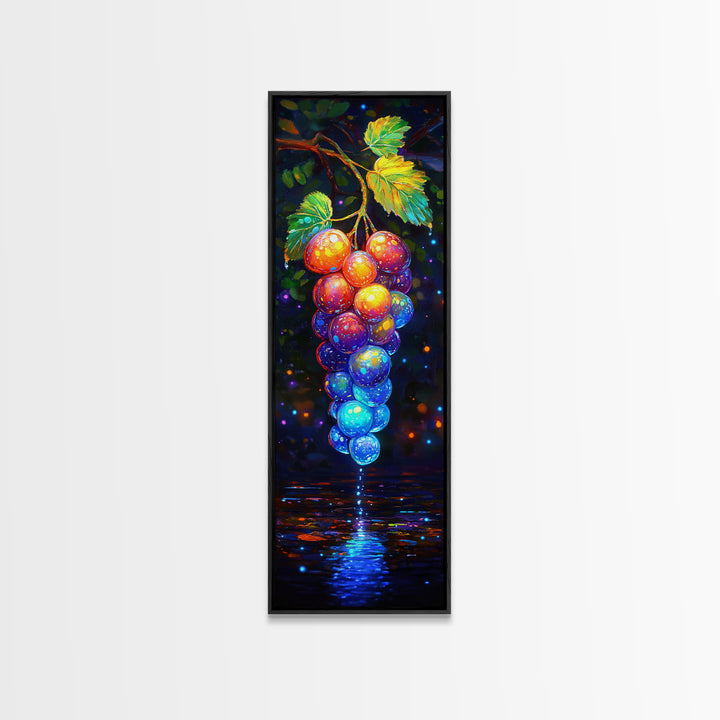 Glowing Grapes Reflecting On Water Framed Canvas Print, Vineyard Wall Art, Colorful Kitchen Decor, Fruit Art Poster Gift