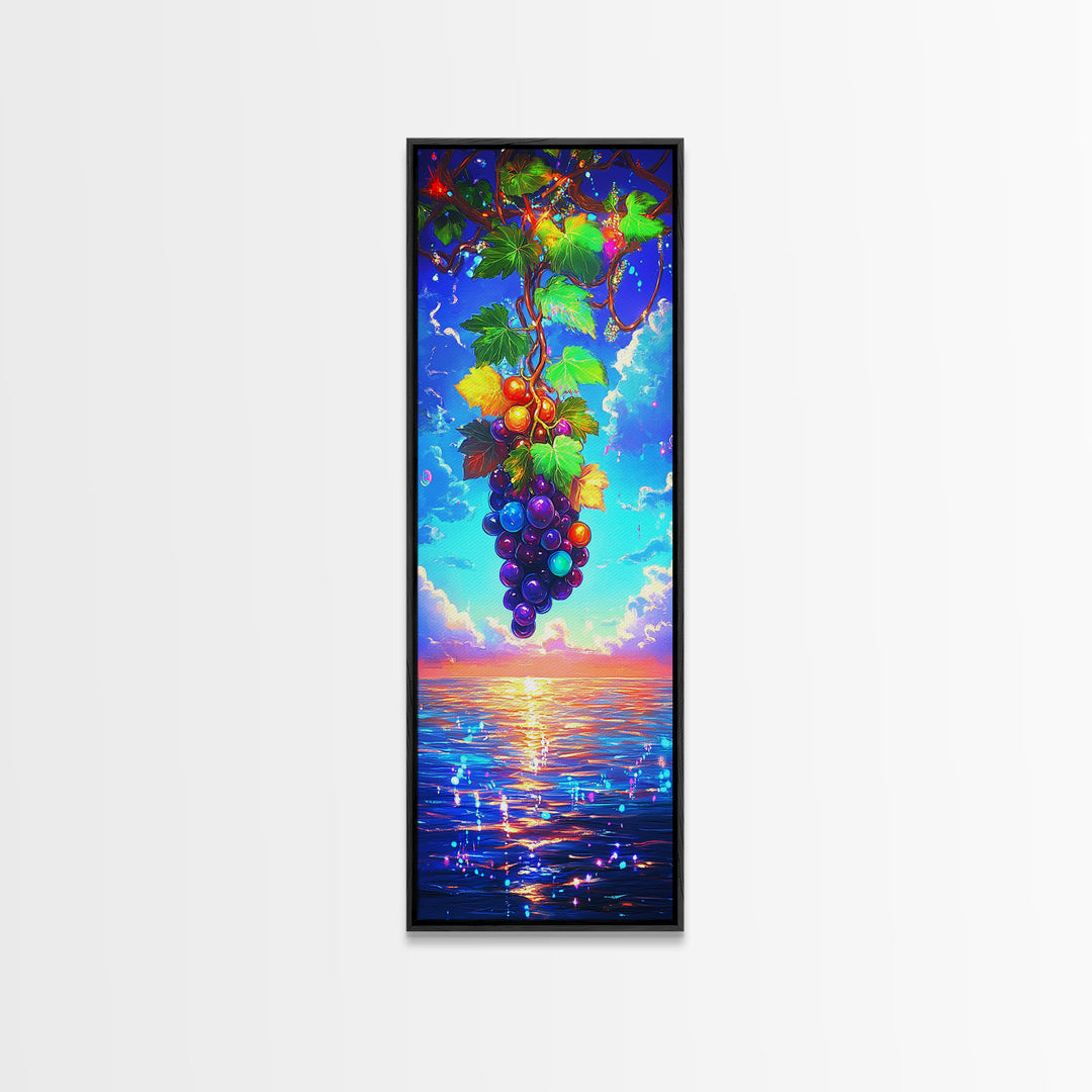 Sunlit Grapes Over Ocean Sunset Canvas Print, Vineyard Wall Art, Coastal Kitchen Decor, Colorful Fruit Art Housewarming Gift