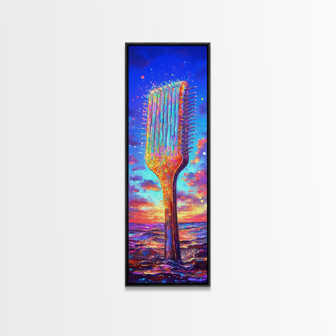 Giant Rainbow Hair Comb At Ocean Sunset Canvas Print, Salon Wall Art, Beauty Salon Decor, Colorful Coastal Gift Print Poster