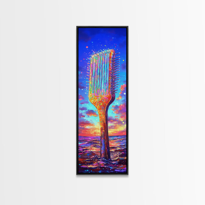 Giant Rainbow Hair Comb At Ocean Sunset Canvas Print, Salon Wall Art, Beauty Salon Decor, Colorful Coastal Gift Print Poster