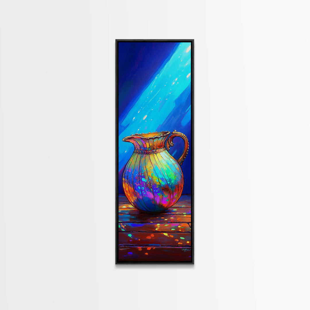 Iridescent Rainbow Pitcher In Blue Light Framed Canvas Print, Colorful Kitchen Wall Art, Modern Eclectic Home Decor Gift