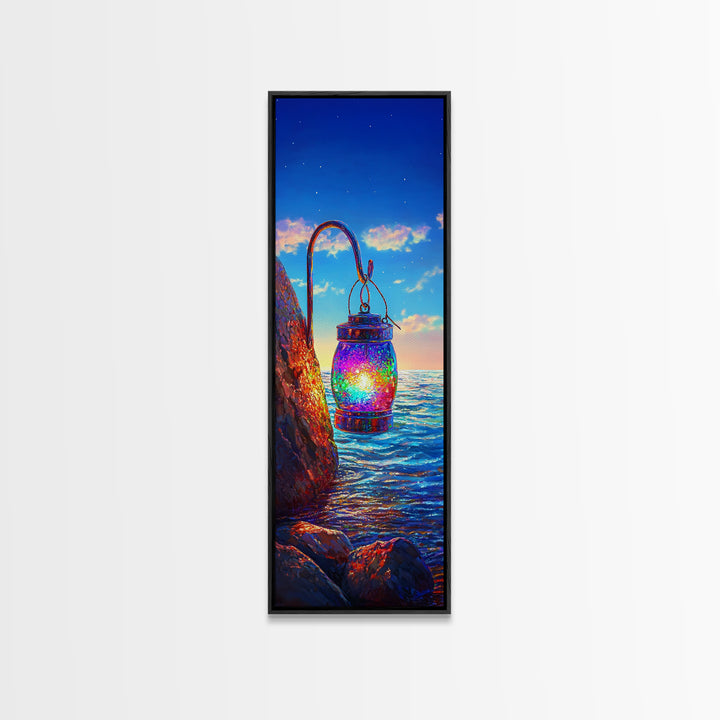 Hanging Rainbow Lantern Canvas Print, Coastal Wall Art, Ocean Sunset Painting, Nautical Decor, Beach House Living Room Art