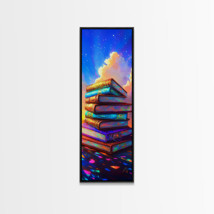 Colorful Stack Of Books Wall Art, Book Lover Canvas Print, Cozy Library Decor, Reading Nook Art, Literary Housewarming Gift