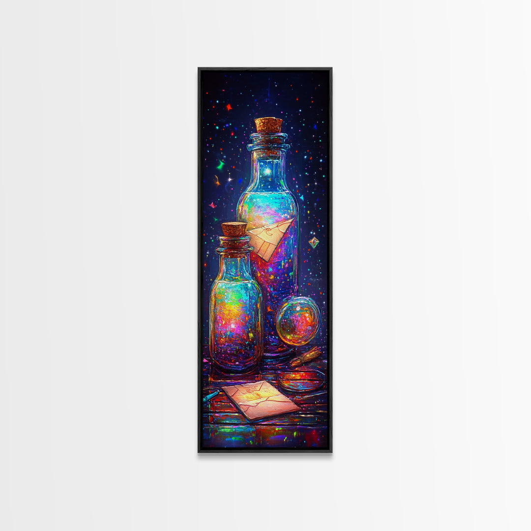 Glowing Message Bottles With Paper Boats Canvas Print, Celestial Wall Art, Fantasy Decor, Magical Art Print, Unique Gift