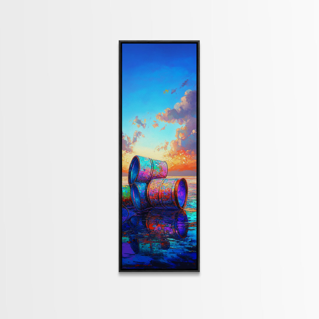 Colorful Beach Barrels Framed Canvas Print, Coastal Wall Art, Ocean Sunset Painting, Nautical Home Decor, Beach House Gift