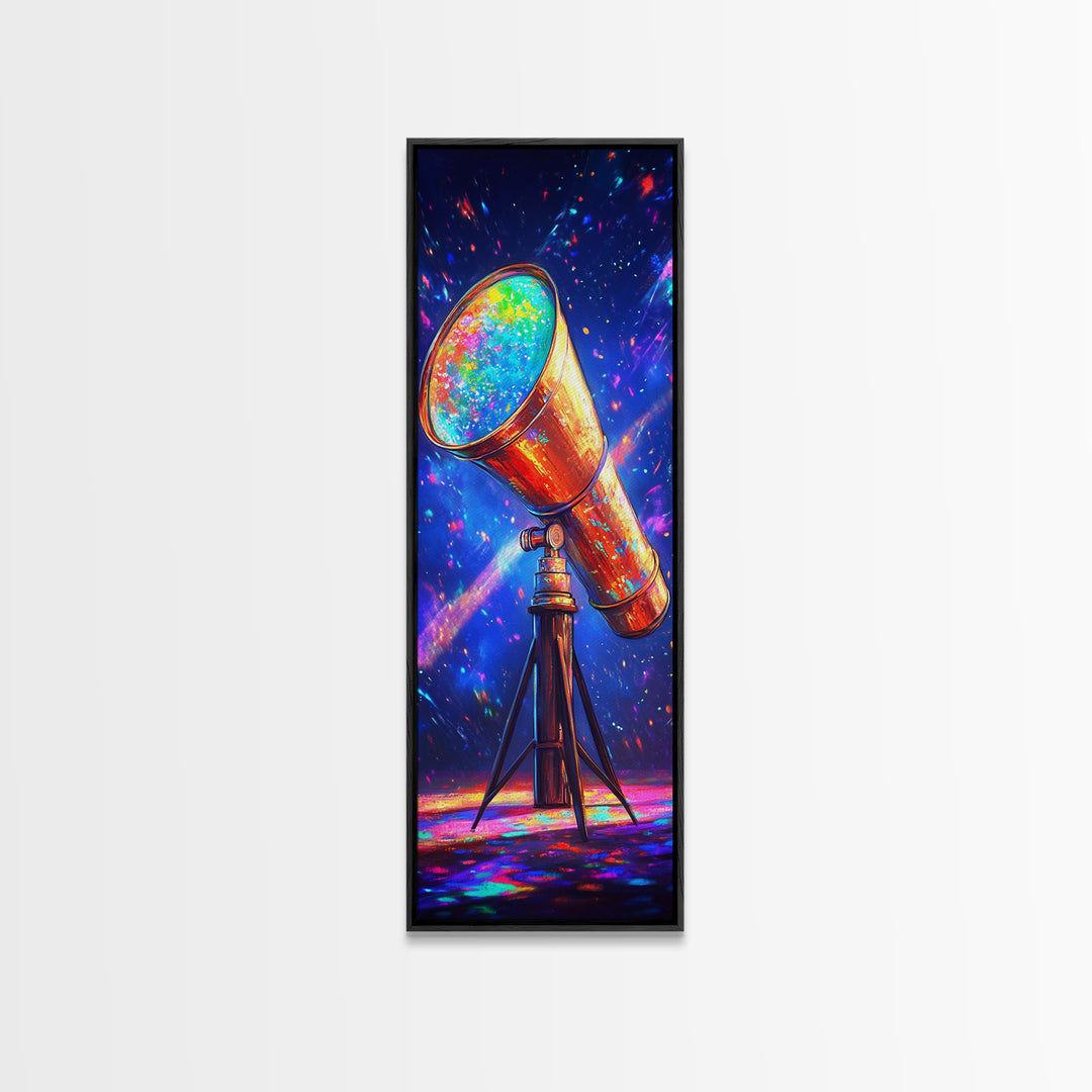 Rainbow Telescope Pointed At Starry Sky Wall Art, Space Canvas Print, Astronomy Decor, Celestial Office Art, Gift For Him