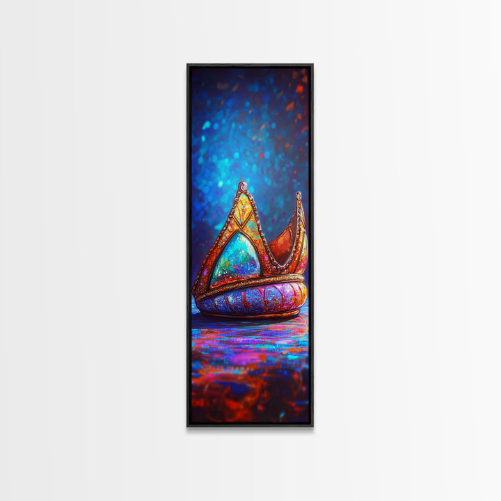 Jeweled Fantasy Crown With Blue Gem Wall Art, Royal Framed Canvas Print, Whimsical Decor, Maximalist Bedroom Art, Gift For Her