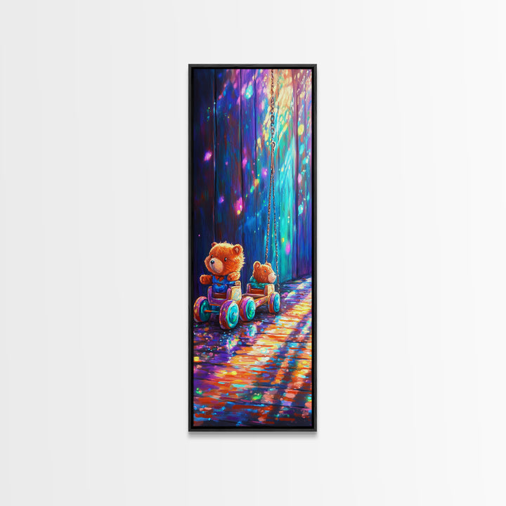 Teddy Bear Toy Wagon In Magical Light Wall Art, Nursery Canvas Print, Whimsical Woodland Kids Room Decor, Baby Shower Gift