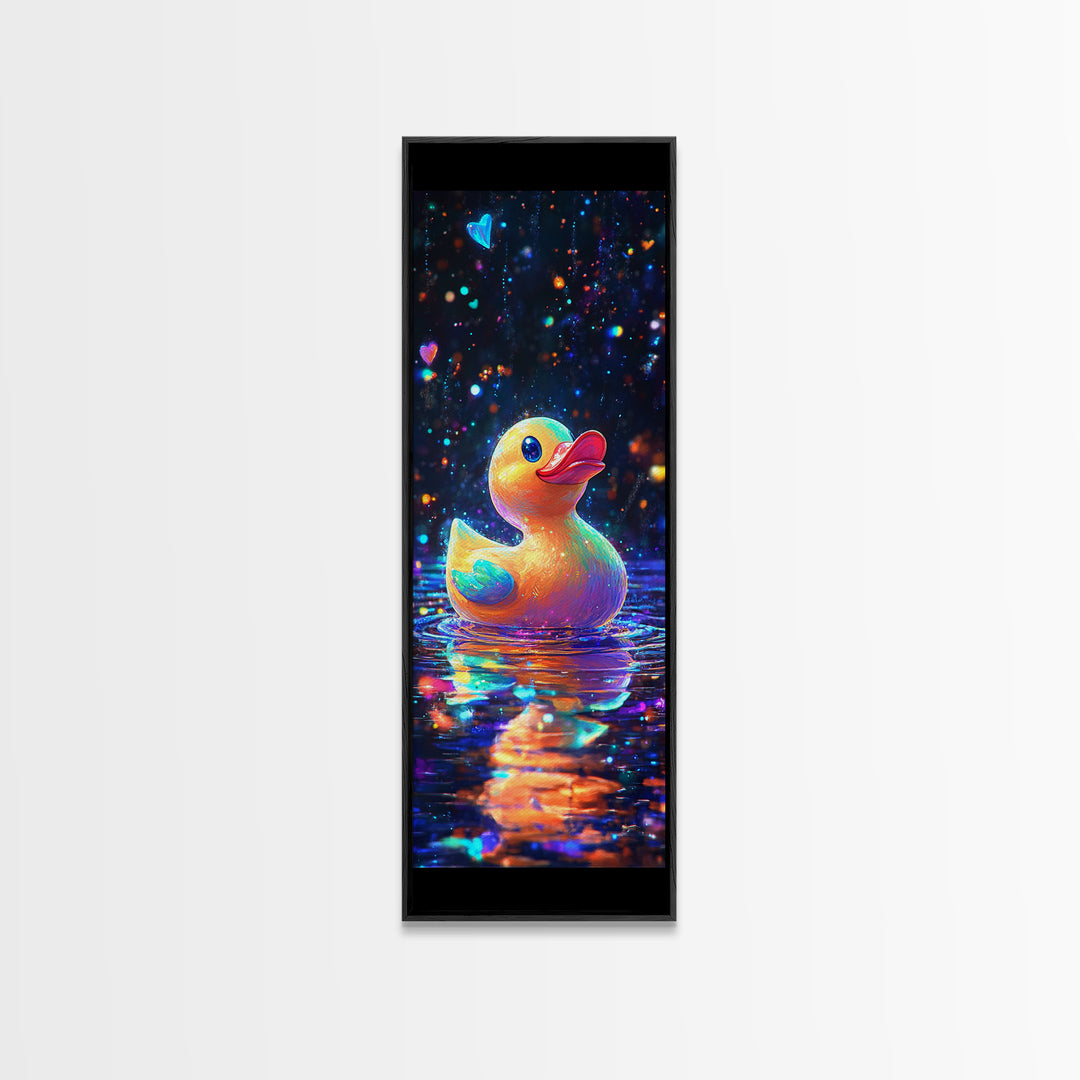 Cute Rubber Duck Floating On Sparkling Water Canvas Print, Whimsical Animal Art, Bathroom Wall Art, Kids Room Decor Gift