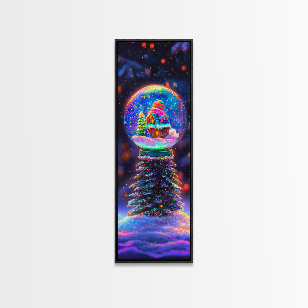 Glowing Snow Globe Cabin On Winter Tree Framed Canvas Print, Christmas Wall Art, Cozy Holiday Decor, Housewarming Gift Idea