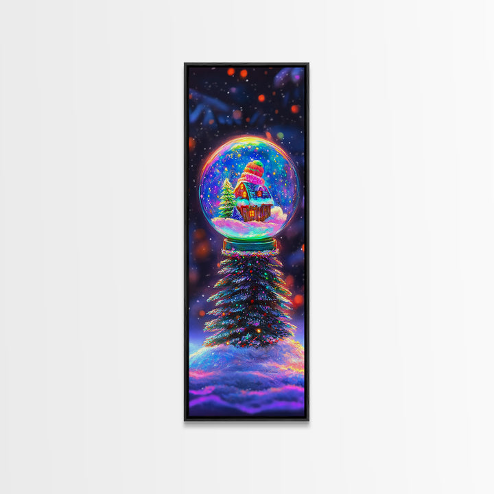 Glowing Snow Globe Cabin On Winter Tree Framed Canvas Print, Christmas Wall Art, Cozy Holiday Decor, Housewarming Gift Idea