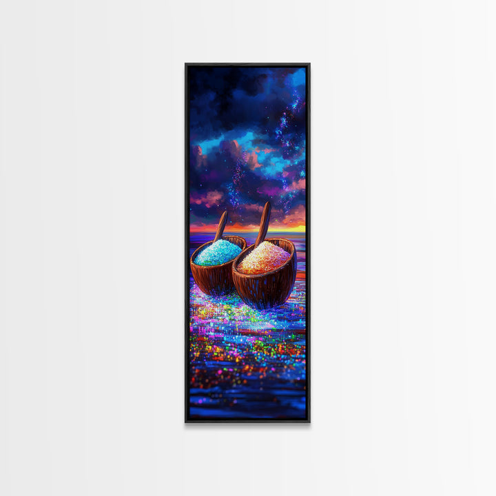 Glittering Coconut Bowls At Sunset Wall Art, Coastal Kitchen Decor, Tropical Beach House Print, Colorful Ocean Dining Art